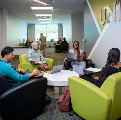 Students talking in lobby